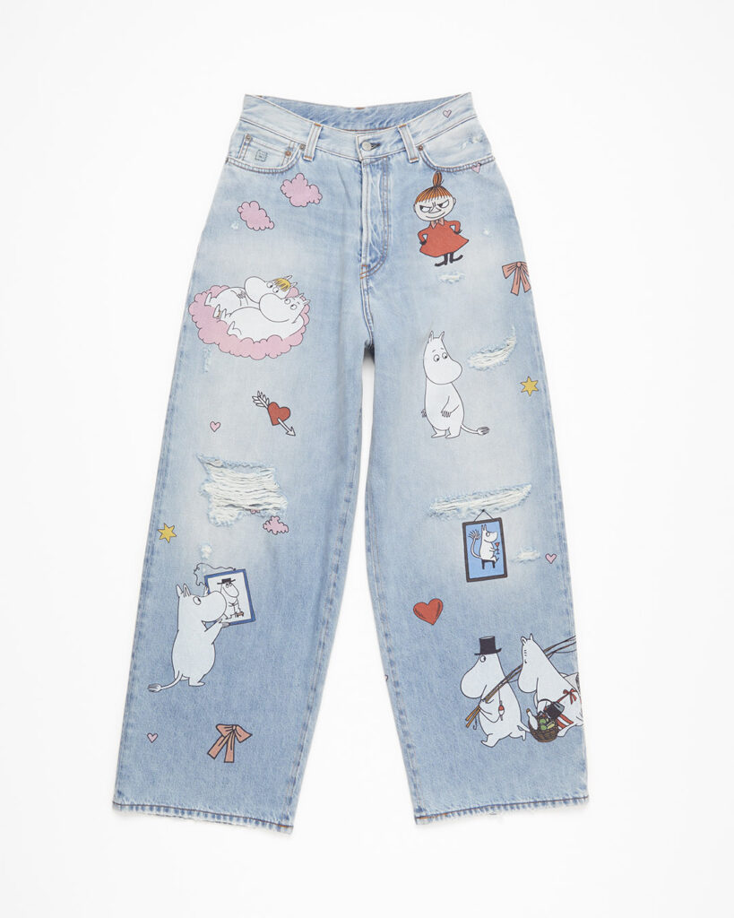 blue acne jeans with moomin patches