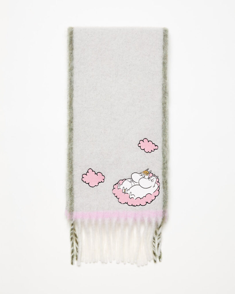 grey acne scarf with moomintroll and snorkmaiden